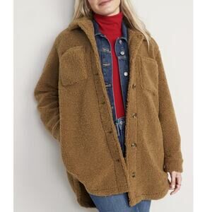 Old Navy Cozy Sherpa Jacket Sycamore Bark Size XL Teddy Shacket Sweater Camel